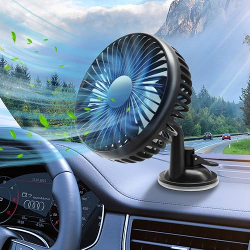Bluessiery Ventilatore Auto USB, Portatile Ventilatore 360° Ruotabile con Ventosa, 3 Velocità Ventilatori USB Da Tavolo Silenzioso per Cruscotto Auto, Finestra Casa