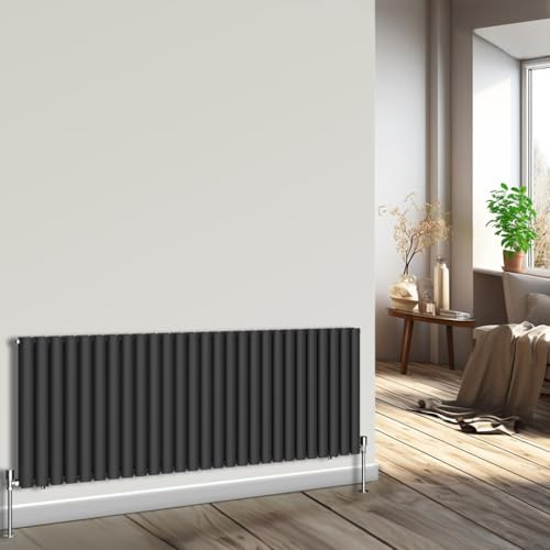 NRG Horizontal Radiator Oval Double Panel Central Heating Black 600x1593mm