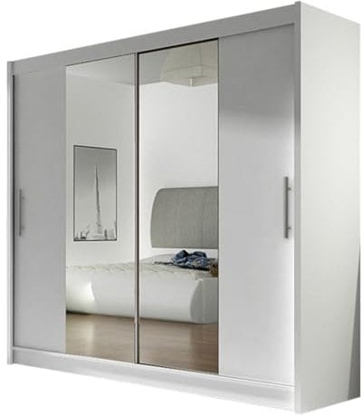 Mirjan24 Kleiderschrank London II mit Spiegel, Schiebetürenschrank, Schwebetürenschrank, Modernes Schlafzimmerschrank 180x215x58cm, Garderobe (Weiß)