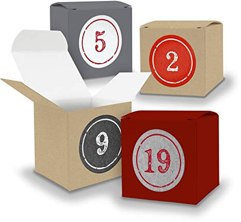 DIY itenga AdventskalenderSet V14 Z03 zum Selberbefüllen 24x Quader Würfel gemischt GRAU BRAUN DUNKELROT (Kraftkarton) + Sticker
