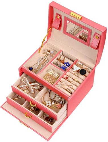 Meerveil Schmuckkasten, Schmuckkästchen mit 3 Ebenen, PU Leder, Abschließbarer Schmuckkästen mit Spiegel, Schmuckkasten mit Schubladen, Geschenk für Mädchen und Damen(Rosa)