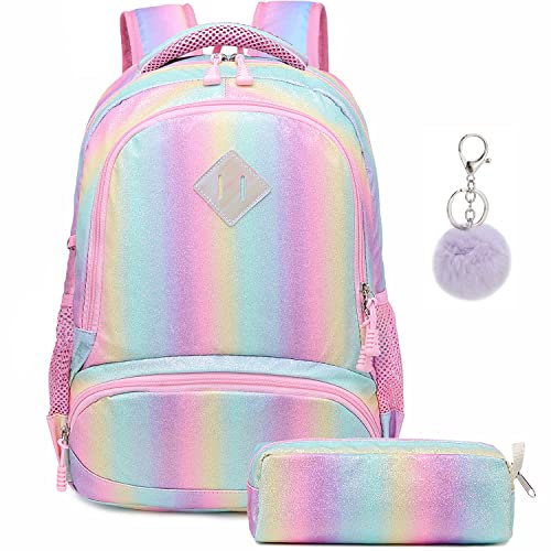 Schultaschen Mädchen Regenbogen Glitzer Rucksack Teenager Set Bunte Schulrucksack Damen Lässiger Tagesrucksack für Schule Reise Arbeit 30 x 13 x 38 cm