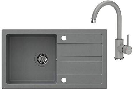 VBChome Fregadero con grifo gris 77 x 43,5 cm de granito individual empotrable, superficie escurridora moteada, reversible, grifo de cocina + sifón + dispensador de detergente