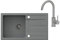 VBChome Fregadero con grifo gris 77 x 43,5 cm de granito individual empotrable, superficie escurridora moteada, reversible, grifo de cocina + sifón + dispensador de detergente