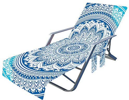 FANSU Schonbezug für Gartenliege Frottee Liegenauflage, Böhmen Drucken Garten Sonnenliege Handtuch mit 2 Taschen Stuhl Strandtuch für Schwimmbäder, Strände, Gartenhotels (Blau,75x210cm)