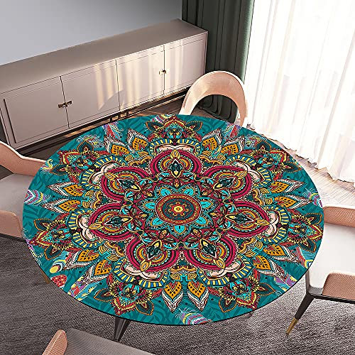Morbuy Tischdecke Elastisch, Mandala Drucken Rund Tischdecken Wasserdicht Lotuseffekt Abwaschbar Abwischbar Tischtuch für Dekoration Küchentisch Garten Outdoor (Durchmesser 90cm,Grün Orange)