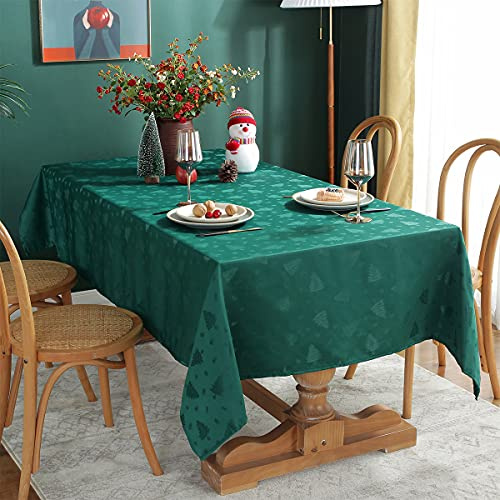 Christmas Tablecloth Rectangle, Jacquard Table Cloth Spillproof and Wrinkle Resistant with Christmas Tree Patterns for Dining Room & Holiday Decoration (Green, Oblong, 152 x 213 cm (6-8 Seats))