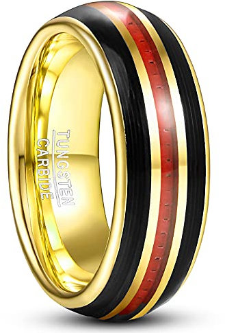 Corato 8mm Herren Wolfram Schwarz Ring mit Rot Kohlefaser und Gitarrensaite Inlay Gold Jahrestag Ring Hoch Polished Größe 62(19.7)