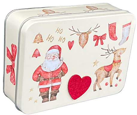 HoHoHo - wunderschöne kleine Gebäckdose mit weihnachtichen Motiven, Nikolaus und einem Herz aus Filz - Weihnachtsdose, Keksdose, Blechdose - Maße: (L x B x H): 14,3 x 10,1 x 4,0cm