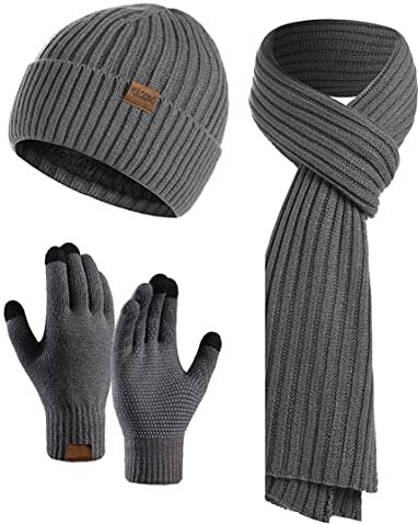 YULOONG Winter Beanie Mütze Schal Touchscreen Fahrhandschuhe für Herren Damen Rippstrick 3 in 1 Set Grau