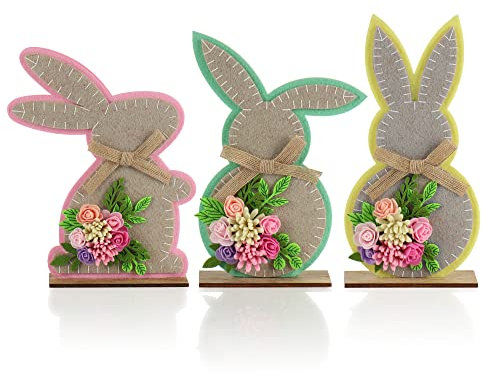 com-four® 3X Deko-Aufsteller Osterhase - Osterdekoration zum Hinstellen - Osterhase aus Filz mit Blumen und Holzfuß - Ostern (3 Stück - bunt 25cm)