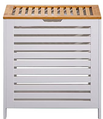 Rebecca Mobili Panier à linge avec couvercle en bois de bambou Mdf, blanc brun, gain de place Salle de bains Organisation du linge - Dimensions HxLxP : 55 x 50 x 30 cm - Art. RE6711