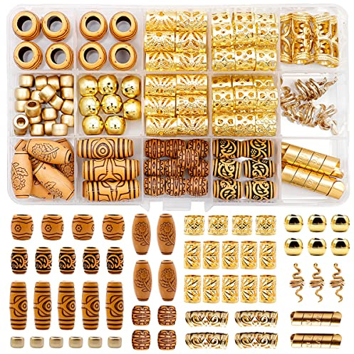 Dotilili Hair Beads for Braids Dreadlocks, 124 Pcs Gold Metal Hair Jewelry Set - Aluminum Cuffs Charms Rings Coils for Women Men Hair Accessories