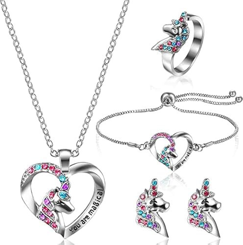 Einhorn Schmuckset Mädchen Funkelndes Kristall Kinderschmuck Set Süße Charm Anhänger Halskette Armband Ring Ohrringe Schmuck Set Einhorn Geschenke für Mädchen Kinder Damen