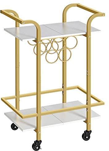 HOOBRO 2-Tier Bar Cart with Wine Rack and Worktop, Serving Cart with Lockable Wheels, Kitchen Storage Trolley, Freely Rotating and Lockable Wheels, for Kitchen Living Room, White and Gold EDW56TC01