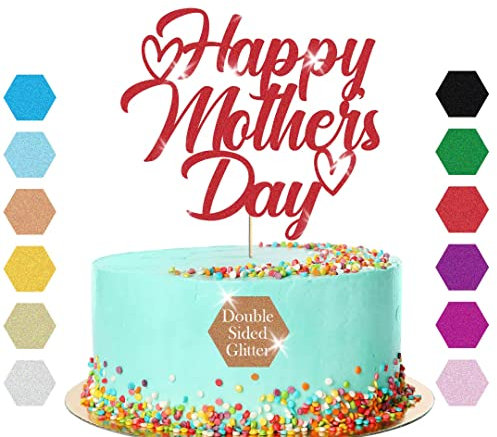 Happy Mother's Day Glitter Cake Topper Hearts Design Birthday Decoration(Baby Pink)
