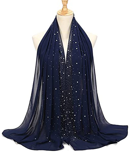 Hijab Kopftuch Damen Muslimisch - Chiffon Schal Turban Mit Glitzer, Moderne Islamische Kopftücher, Stretch-Turban für Frauen, Langer Wickelschal für Muslimische Frauen, Dunkelblau