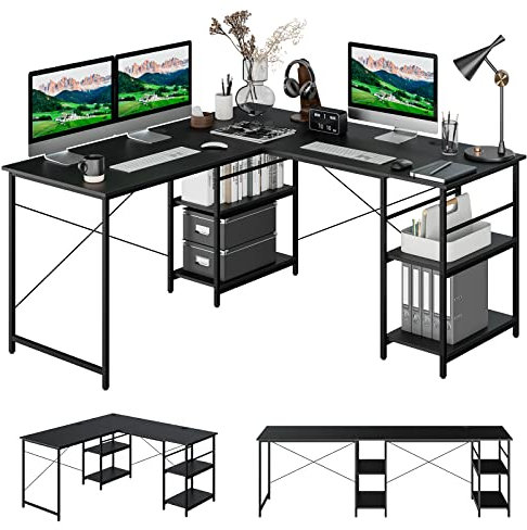 COSTWAY Schreibtisch L-Form, reversibler Eckschreibtisch mit 4 Ablagen, Ecktisch mit 3 Kabellöchern, Gaming Computertisch Bürotisch für Home Office, 151 x 151 x 75 cm (Schwarz)