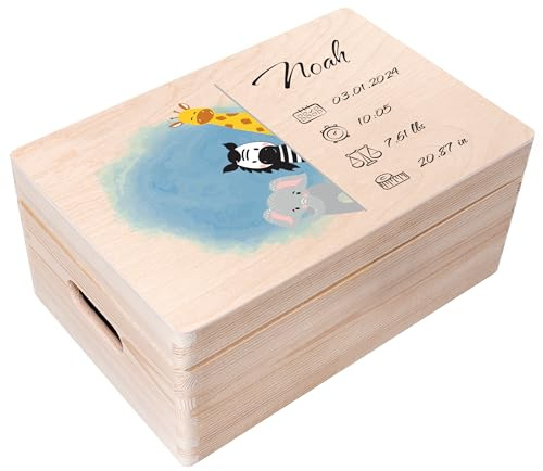 Creative Deco Erinnerungsbox Baby Personalisiert mit Namen - Tiere | Individuelle Erinnerungskiste Geschenk zur Geburt für Mädchen und Jungen | Holzkiste mit Deckel Zeitkapsel | Farbdruck