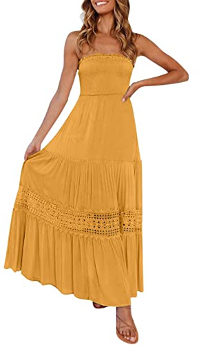 Strandkleid Damen Sommer - Bandeau Kleid Lang Schulterfreies Sommerkleid Sexy Trägerlos Off Shoulder Rückenfrei Spitzenbesatz Maxikleid Swing A Line Langes Kleider Boho Kleid Partykleid