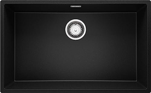 PRIMAGRAN Evier Cuisine en Granit Noir 76x47cm, Lavabo 1 bac + Kit de Vidage, Évier à Encastrer al mueble 80cm - London Slim S274