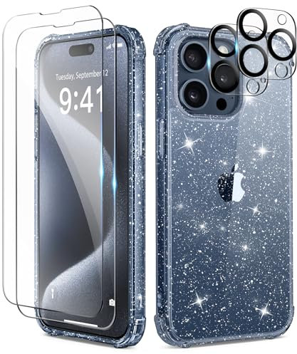 TIESZEN Compatible with iphone 15 Pro Max Case Clear Glitter, [5 in 1] with 2X Screen Protector + 2X Camera Lens Protect, Cute Bling Military Grade Shockproof Slim Phone Case 6.7 Inch, Shiny Blue