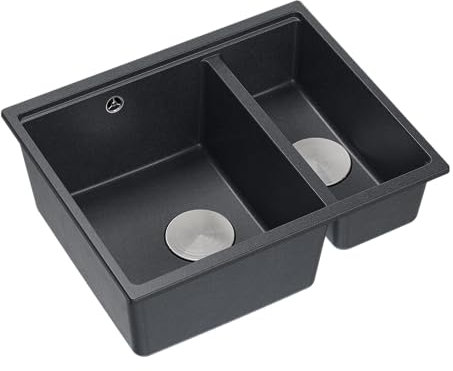 QUADRON fregadero de doble cubeta Fregadero de cocina | tamaño 55,5 x 46 x 22 cm, negro y acero | LOGAN 150 granito fregadero de granito | mueble bajo a partir de 60 cm | fregadero bajo encimera