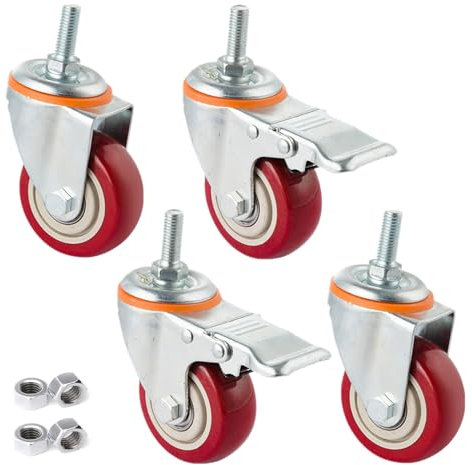 Mit Rollen mit M10/M12/M16-Gewindestange. Stumme universelle rote Rollen mit Bremse. Ersatzräder for Möbel, 4 Stück/Set (Color : 3 inch, CH : M16)