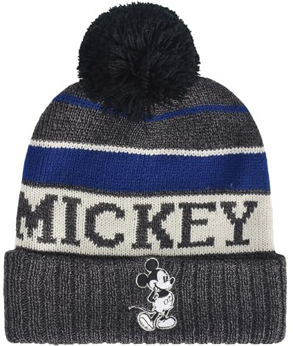 Disney Mickey Mouse Beanie Mütze, Gestreifte Winter Strickmütze mit Manschette und Bommel, Schwarz, One Size, Schwarz, Einheitsgröße