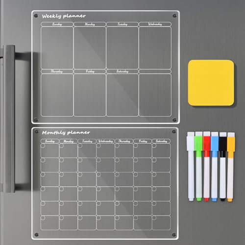 Volumoon Calendario Magnetico Nevera Transparente (Planificador Semanal + Planificador Mensual), Pizarra Magnetica Nevera de Acrílico, con 6*Marcadores, 1*Borrador en Seco (40 x 30 Cm)