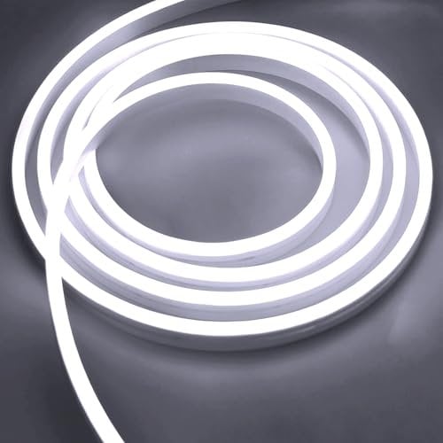 iNextStation Neon LED Strip Light White 6000K Dimmable, 5M DC12V IP65 Waterproof Flexible Silicone LED Neon Rope Light for Bedroom Kitchen Indoors Outdoors DIY Decor (No Power Adapter)