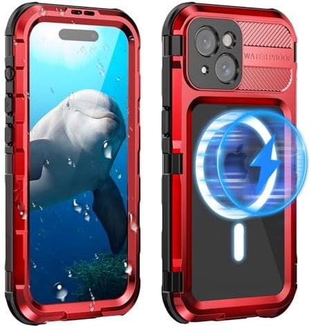 WIFORT für iPhone 15 Wasserdicht Outdoor Hülle für MagSafe, Metall Stoßfest Panzerhülle Militär 360 Grad Schutzhülle mit Displayschutz,Robust Heavy Duty Handyhülle iPhone 15 Case, Rot