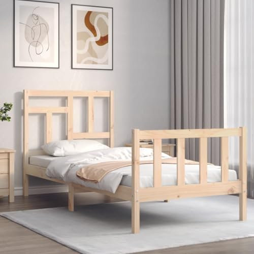 vidaXL Massivholzbett, Bett mit Kopfteil, Holzbett Einzelbett für Schlafzimmer, Bettrahmen Bettgestell mit Lattenrost, Schlafzimmermöbel, 90x200cm