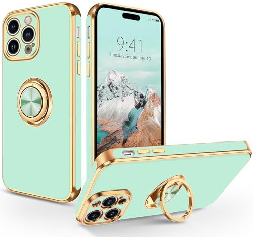 SouliGo iPhone 15 Pro Max Case, iPhone 15 Pro Max Phone Case 360° Ring Holder Kickstand for Magnetic Car Mount Slim Luxury Bling Plating Soft TPU Protective Bumper Cover 6.7”2023, Light Green