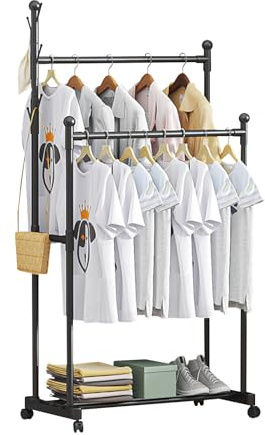 Ergocar Double-Rail Kleiderständer, Freistehender Kleiderbügel aus Metall mit Unterem Gestell, Multifunktional Schlafzimmer Kleiderständer, für Kleidung, Taschen, Hüte, Schuhe