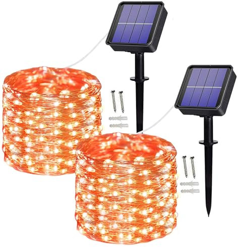 Augone Solar String Lights Outdoor, 2 Pack 120LED Solar Garden Lights Waterproof, 12M/39Ft 8 Modes Copper Wire Fairy Lights for Tree, Patio, Yard, Wedding, Christmas Decorations (Orange)