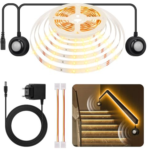 HOUHUI LED Strip Bewegungsmelder 5m,Dual Control LED Bettlicht mit PIR Bewegungssensor,Bewegungsaktivierte Warmweiß LED Streifen für Nachttisch,Treppe,Schrank,Flur,Schlafzimmer