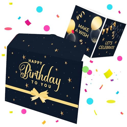 FETTIPOP Explodierende Konfetti Umschlag-Geburtstagskarte (Schwarz und Gold), Geschenkverpackung für Gutscheine, Konzertkarten, Reisegutschein, Geldgeschenk, Tickets