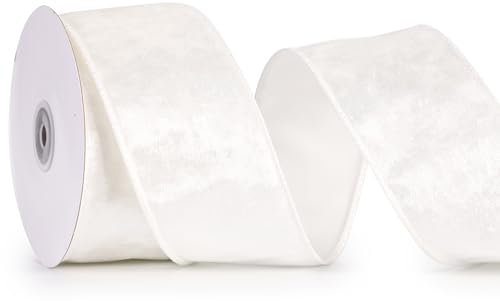 MAYREEL Nastro di velluto riccio bianco con fil di ferro, spesso 6,3 cm, largo nastro natalizio con bordo metallico, 9,1 m