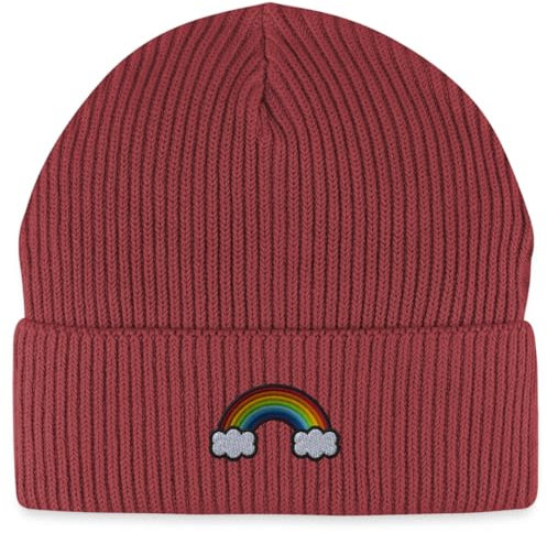 Spreadshirt Stickmotiv Regenbogen Mit Wolken Fisherman Beanie Bio Mütze, One Size, Erdrot