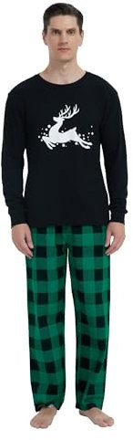 GLOBAL Homme Pyjama Flanelle Ensembles de Pyjama Homme Coton Vêtements de Nuit Haut Deux Pièces Chaud Pyjama Sets Col Rond à Manches Longues Carreaux Vert Noir M