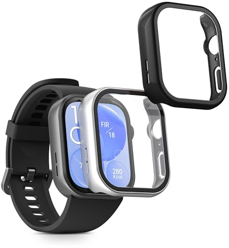 kwmobile 2X Glas Hülle für Huawei Watch Fit 3 Schutzhülle - Fullbody Fitnesstracker Case Set aus Glas - Silber Schwarz