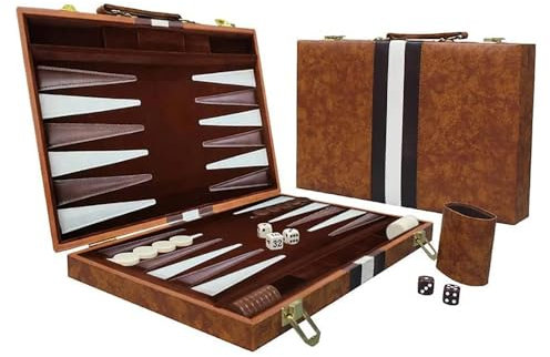 NEUFUN 15 Zoll Backgammon Holz Brettspiel - Tragbares Set mit Lederetui und Würfelbecher für Erwachsene