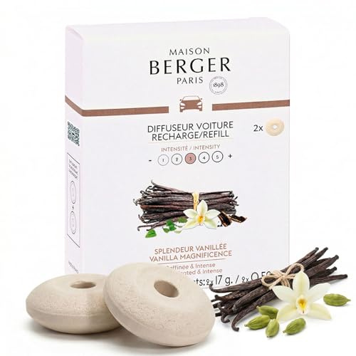 Maison Berger Luxury Car Diffuser Refill Set Vanilla Magnificence – Pack of 2 Ceramic Refills, 4-6 Week Passive Diffusion, Made in France