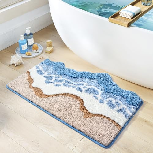 Trlyane Badezimmerteppich 50 x 80 cm, Mikrofaser Badvorleger, Welle | Flauschiger Badteppich aus Mikrofaser, Waschbar und Rutschfest, als Badvorleger für Bad, Dusche und Eingang