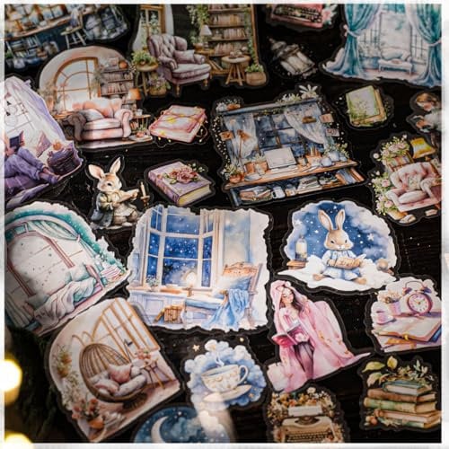 90 Stück Scrapbooking Stickers Set for Reading,Scrapbooking Zubehör with Blumen for Bullet Journal,Junk Journaling,Fotoalbum,Notebook,Painting,Calendar(Reading Nights)