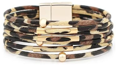 Hanaoops Leder Armband Geflochtenes Lederarmband Verstellbar Breites Lederwickelarmband Mehrschichtiges Manschettenarmband mit Magnetverschluss aus Edelstahl für Damen Mädchen (Leopard, Einheitsgröße)