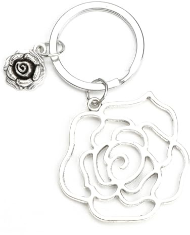 Porte-clés rose romantique et élégant - Cadeau d'amitié pour un anniversaire - Porte-clés en métal argenté - Cadeau pour vos amies et vous - Design de fleurs creuses - Tendance, argenté, S