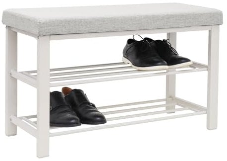 DuneDesign Schuhbank mit Sitzfläche - 81x32x50 Schuhregal Metall - Schuhschrank mit Sitzbank - Schuhkommode Flur Bank mit Stauraum - Schuhsitzbank mit Polster - Kleine Polsterbank für Garderobe Weiß