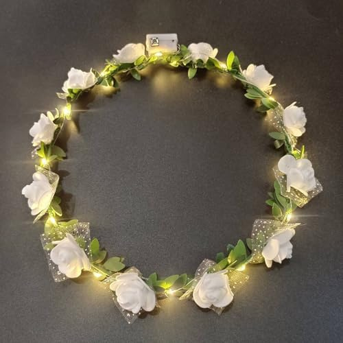 FENGCHUANG Light up Headband, LED Flower Crown Headband Lighted LED Flower Headbands for Christmas, Halloween, Lighted Party, Wedding Decorations (White, Universal code)